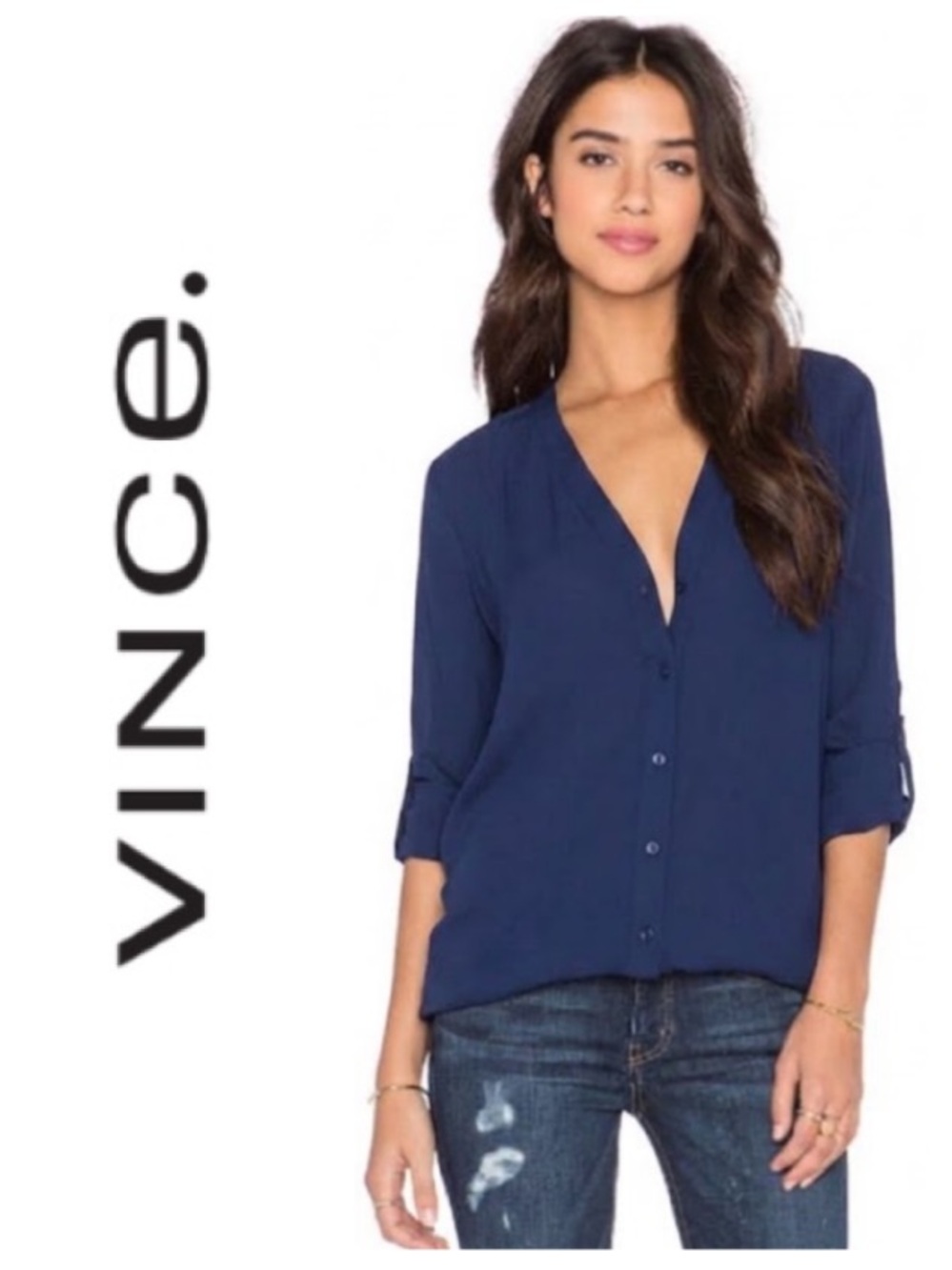 Vince Vee Button Down 100% Silk Blouse in navy (L)
